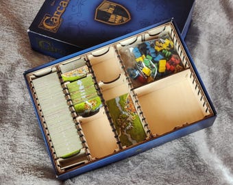 Organizer for Carcassonne board game + expansions. Customizable Wooden insert tray with adjustable dividers. Tile and meeple storage upgrade