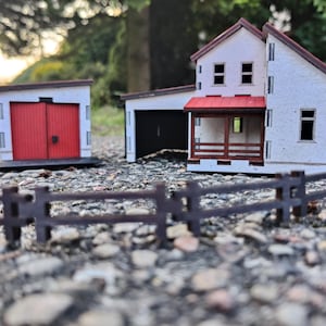 1:64 Diecast House + Garage + Fence assembled set. Wooden diorama scale model house and garage.