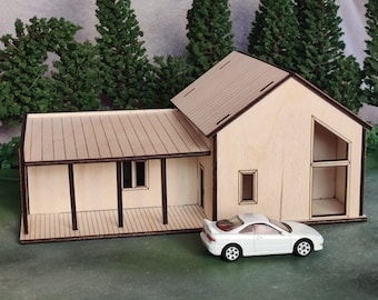 1:64 Scale Modern House Diorama Building Kit - Architectural scale model for DIY builders. Hot Wheels, Matchbox, Die-cast display set piece.