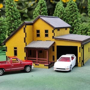 1:64 Maßstab: Custom House mit Garage - Holz Diorama Gebäude für Hot Wheels, Matchbox, Tomica Modell Display. Fertig lackiert und montiert.