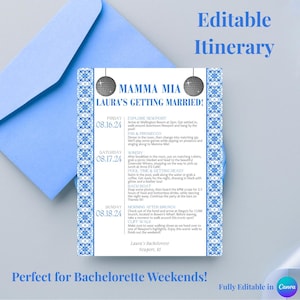 ¡Mamma Mia! Itinerario de despedida de soltera - Descarga digital editable y personalizable (plantilla de Canva)