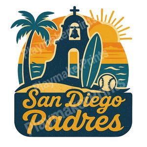 Puede incluir: Una ilustración de estilo vintage de una iglesia con un campanario, una palmera, una tabla de surf y una pelota de béisbol. El fondo es una puesta de sol sobre el océano. El texto "San Diego Padres" está en una fuente retro.
