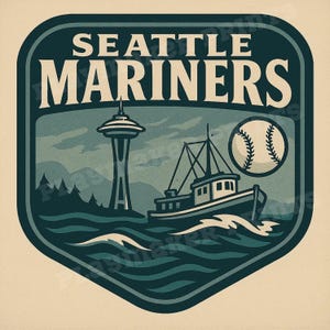 Peut inclure: Un logo vintage bleu et blanc pour l'équipe de baseball des Mariners de Seattle. Le logo représente un ballon de baseball, un bateau de pêche et la Space Needle.