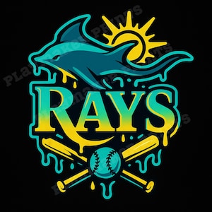 May include: A teal and yellow graphic on a black background. The design features a dolphin, sun, baseball, and crossed bats. The word "RAYS" is in large, stylized letters. The design has a dripping effect.