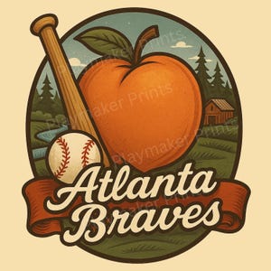 May include: A vintage-style illustration of a baseball, bat, peach, and a banner with the text "Atlanta Braves". The illustration is set against a green background with a small red barn in the background.