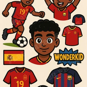 Paquete de imágenes prediseñadas de Lamine Yamal: 10 PNG + imagen adicional de cabello rubio. Pegatinas de fútbol Wonderkid para sublimación, arte digital e imprimibles.