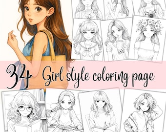 Ausmalbilder Mädchen Stil | 34 süße Teenager Designs | Druckbares Malbuch PDF für Kinder & Erwachsene