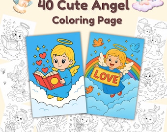 Dibujos de ángeles para colorear para niños: 40 diseños de ángeles imprimibles / Libro para colorear kawaii con temática celestial / Descarga digital en PDF