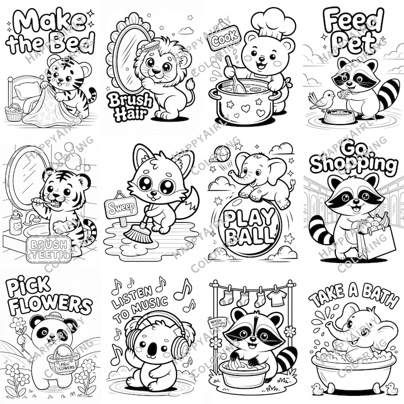 Kawaii Animal Coloring Pages: Daily Routine Activity (PDF Download) - Etsy