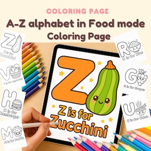 Dibujos para colorear del alfabeto de comida de la A a la Z para niños: Letras kawaii imprimibles con comida sonriente / Descarga digital en PDF / Diversión educativa