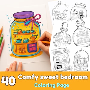 Coffee Shop in a Jar Coloring Pages: Kawaii Cafe Scenes (Digital PDF Download)