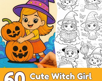 Libro para colorear de brujas kawaii: 60 escenas de Halloween (Descarga digital en PDF)