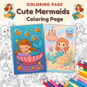 Mermaid Coloring Pages for Kids – 38 Cute Printable Kawaii Mermaid PDF, Magical Ocean Coloring Book for Girls, Under the Sea Activity Pages