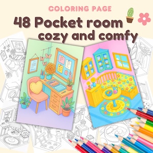 May include: A colouring page featuring two pocket room scenes. The first scene shows a desk with a chair, a potted plant, and a noticeboard. The second scene shows a sofa, a coffee table, and a bookcase. Both scenes are in a light blue and pink colour scheme.