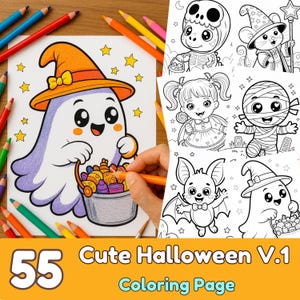 Puede incluir: Un libro para colorear titulado "Cute Halloween V.1" con el número 55 en la esquina. La imagen presenta varias ilustraciones con temática de Halloween, incluyendo un fantasma, un murciélago y una momia. Lápices de colores están dispersos alrededor de la página.