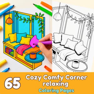 May include: A coloring book page featuring a cozy corner scene with a window seat, pillows, and a blanket. The image is being colored with markers. Text on the page reads "Cozy Comfy Corner relaxing Coloring Pages" and "65".