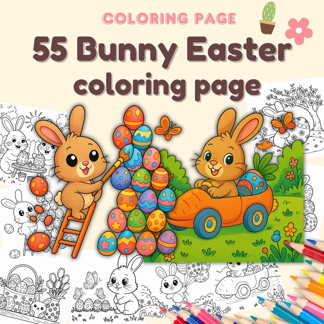 Easter Bunny Coloring Pages – 55 Unique Designs, Kids Activity (PDF) - Etsy