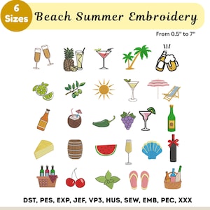 27 Mini Summer Beach Embroidery - Cocktail Summer Drinks - Machine Embroidered Designs - Beach Embroidery Bundle - Instant Download- 6 Sizes