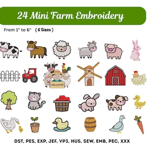 ミニ動物農場刺繍 - かわいい農場機械刺繍デザイン24点 - 動物ファームハウスバンドル - 即時ダウンロード - 6サイズ - Pes Dstファイル