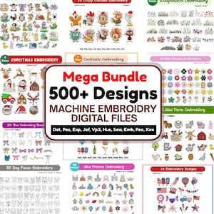 Puede incluir: Un mega paquete de bordado digital con más de 500 diseños. La imagen muestra varios patrones de bordado temáticos, incluyendo animales, pollos, flores silvestres, Navidad, cócteles, mini flores, granja, caras de perros, mini princesas y diseños patrióticos.