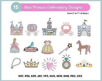 Mini Princes Embroidery Designs - 15 Cute Little Princes Machine Embroidery - Girly Birthday Embroidery Bundle - Instant Download - 6 Sizes