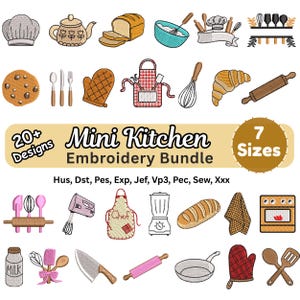 Puede incluir: Un paquete de diseños de bordado digital con más de 20 iconos de temática de cocina, incluyendo gorros de chef, teteras, pan, batidores, delantales, utensilios, batidoras y hornos. El texto dice Mini Kitchen Embroidery Bundle.