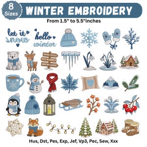 Puede incluir: Una colección digital de diseños de bordado con temática invernal que incluye 35 iconos como un oso polar, muñeco de nieve, pingüino, zorro, copos de nieve, manoplas, una linterna y los textos "let it snow" y "hello winter" en 8 tamaños.