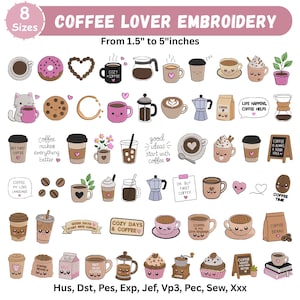 Peut inclure: Une collection numérique de motifs de broderie sur le thème du café, incluant des tasses, des grains de café, des beignets et des textes comme 'Coffee Lover Embroidery'. L'ensemble propose 8 tailles allant de 3,8 cm à 12,7 cm.