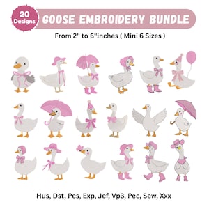 Peut inclure: Ensemble de 20 motifs de broderie de oies, chacune avec des accessoires comme des chapeaux, des nœuds et des parapluies. Les motifs mesurent de 5 cm à 15 cm. Le texte "GOOSE EMBROIDERY BUNDLE" est affiché en haut.