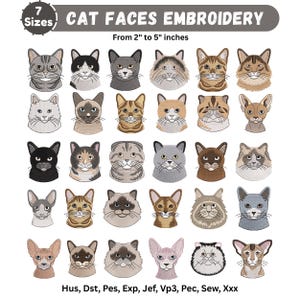 30 Desenhos de Bordado de Rostos de Gatos - Pacote com Rostos de Raças de Gatos - Bordado à Máquina - Download Digital - 7 Tamanhos - Arquivos PES, DST, EXP e JEF