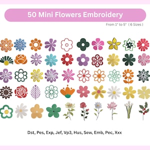 50 Mini Flowers Embroidery Design - Cute Daisy Flowers - Machine Embroidered - Individual Flower - 6 Sizes- Instant Download - Floral Bundle