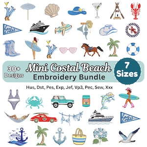 Coastal Beach Embroidery Design - Mini Preppy Nautical Summer Bundle - Machine Embroidery - 7 Sizes - Digital Download - Pes Dst Exp Files