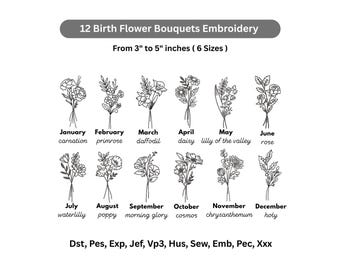 Birth Month Flowers Embroidery - 12 Month Flowers Bouquets Machine Embroidered - Line Art Wildflowers Bundle -Instant Download File- 6 Sizes