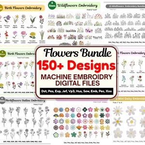 以下が含まれることがあります： 150以上のデザインを収録した、ミシン刺繍のデジタルファイルバンドル。誕生花、ワイルドフラワー、ミニデイジーなどの花柄デザインが特徴です。サイズは5cmから15cmまで。様々なデジタルファイル形式が含まれています。