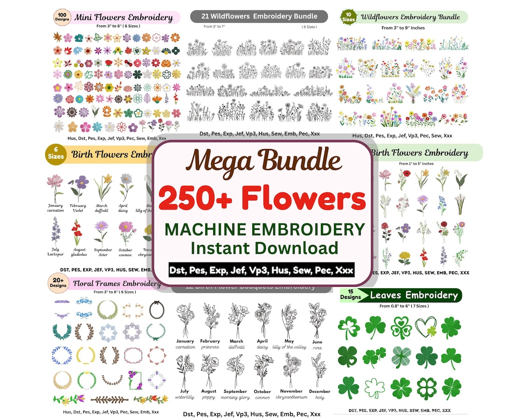 Mega Flowers Embroidery Bundle - 200+ Floral Designs Bundle - Machine ...