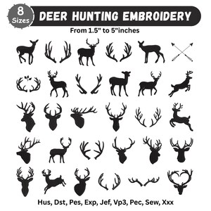 Peut inclure: Une collection numérique de motifs de broderie noirs représentant des cerfs et des bois, disponibles en 8 tailles de 3,8 cm à 12,7 cm. L'ensemble inclut des silhouettes de cerfs, de têtes de cerfs et de bois, avec les formats Hus, Dst, Pes, Exp, Jef, Vp3, Pec, Sew, Xxx.