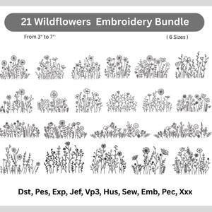 21 Wildflowers Embroidery Designs – Line Art Flowers Machine Embroidery Bundle - Instant Download - 6 Sizes