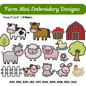 Puede incluir: Una colección de diseños de bordado con temática de granja. La imagen presenta varios animales de dibujos animados, como una vaca, un caballo, un cerdo, una oveja y un gato. Los diseños varían de 2,5 cm a 15 cm e incluyen un granero, un árbol y otros elementos de la granja.