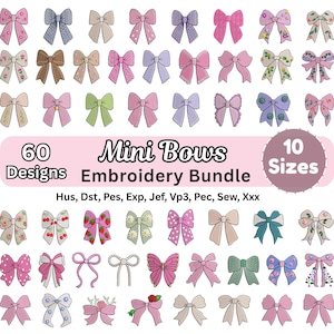 Pode incluir: Uma coleção digital de 60 designs de bordado de mini laços em 10 tamanhos, com vários padrões como flores, morangos, cerejas e bolinhas em tons de rosa, verde, azul e marrom, com formatos de arquivo Hus, Dst, Pes, Exp, Jef, Vp3, Pec, Sew, Xxx.