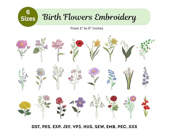 Birth Flowers Embroidery Bundle - 24 Birth Month Flowers Design - Machine Embroidered - Instant Download - 6 Sizes - Digital Flowers Pattern