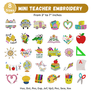 Mini Teacher Machine Embroidery Designs - Back to School Bundle Machine Embroidery - 8 Sizes - Digital Download - Pes Dst Exp Files