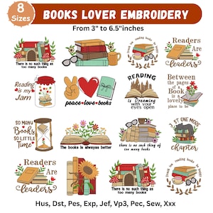 Peut inclure: Une collection numérique de seize motifs de broderie sur le thème des livres, incluant des piles de livres, des citations, des fleurs et des animaux. Le texte comprend des phrases comme 'Books Lover Embroidery' et 'Readers Are Leaders' en tailles de 7,6 à 16,5 cm.
