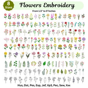 Puede incluir: Una colección digital de diseños de Flowers Embroidery con numerosas ilustraciones florales coloridas y de línea. El texto dice Flowers Embroidery, 8 Sizes, From 1.5" to 5"inches, y los formatos de archivo Hus, Dst, Pes, Exp, Jef, Vp3, Pec, Sew, Xxx.