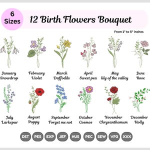 Geburtsmonat Blumen Stickerei - 12 Geburtsblumen Bundle - Maschinengestickte Blumensträuße - Instant Download -6 Größen - Pes Dst Dateien