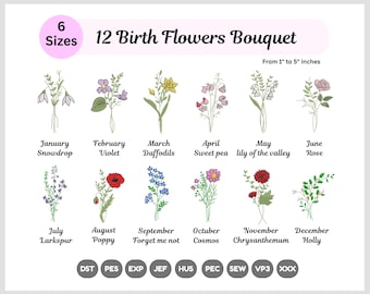 Birth Month Flowers Embroidery - 12 Birth Flowers Bundle - Machine Embroidered - Flower Bouquets - Instant Download -6 Sizes - Pes Dst Files