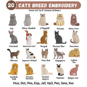 Puede incluir: Una pantalla digital que muestra 20 diseños de bordado de razas de gatos con etiquetas que incluyen Cat, Silver shaded, Ragdoll, Persian, Maine Coon, Peterbald, American Curl, Bengali, Russian Blue, Snowshoe, Siberian, Japanese Bobtail, Pixie Bob, Singapura, Selkirk Rex, Scottish Fold, Domestic Shorthair, Turkish Angora, Siamese y Sphynx Cat. El texto dice 20 CATS BREED EMBROIDERY, From 1.5" to 5" inches ( 8 Sizes ) y formatos Hus, Dst, Pes, Exp, Jef, Vp3, Pec, Sew, Xxx.