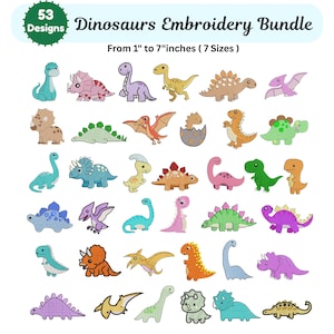 Op de afbeelding: Een bundel van 53 dinosaurussen borduurontwerpen, variërend van 2,5 cm tot 17,8 cm. De afbeelding toont verschillende kleurrijke cartoon dinosaurussen, zoals Triceratops en Stegosaurus, perfect voor borduurprojecten.