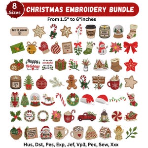 Op de afbeelding: Een digitale collectie kerstborduurontwerpen met iconen zoals sneeuwpoppen, peperkoekmannetjes, zuurstokken, kerstsokken, kransen en tekst. De bundel bevat 8 formaten variërend van 3,8 cm tot 15,2 cm voor diverse bestandsformaten.