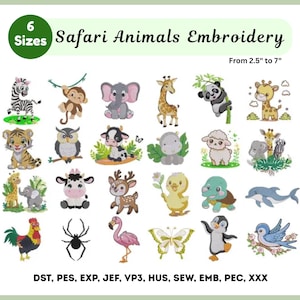 Safari Animals Embroidery Design - Cute Baby Jungle Animals Machine Embroidery - 24 Animals Designs - Instant Download-Pes Dst Exp Juf Files