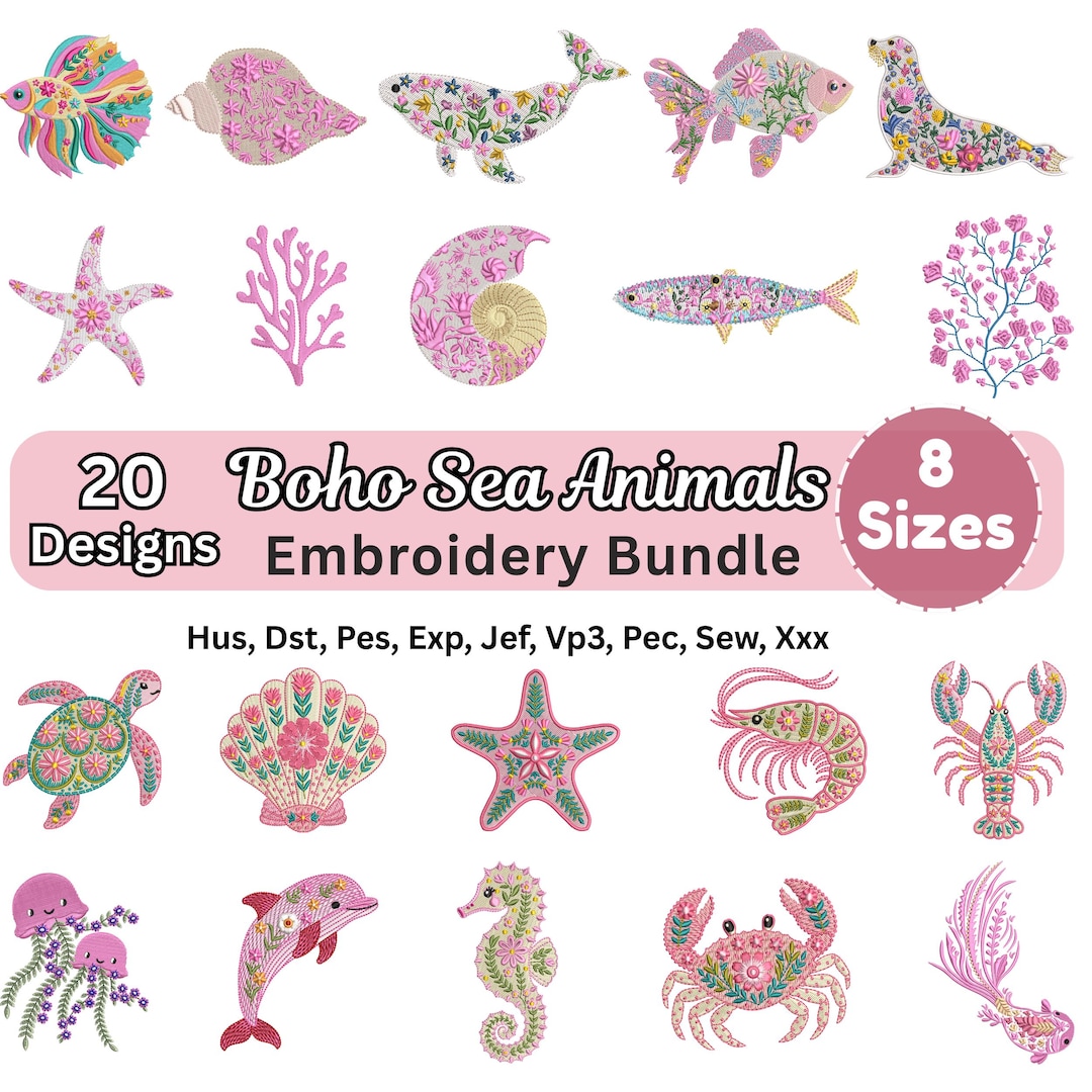 Boho Floral Sea Animals Embroidery Designs - Pink Ocean Animals Machine ...
